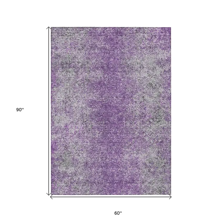 5' X 8' Plum Purple And Silver Oriental Washable Indoor Outdoor Area Rug