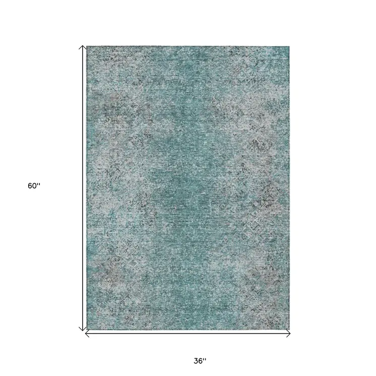 3' X 5' Teal Blue Gray And Charcoal Oriental Washable Indoor Outdoor Area Rug