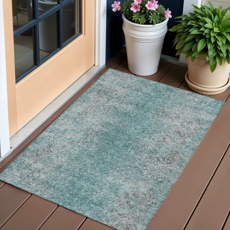 3' X 5' Teal Blue Gray And Charcoal Oriental Washable Indoor Outdoor Area Rug