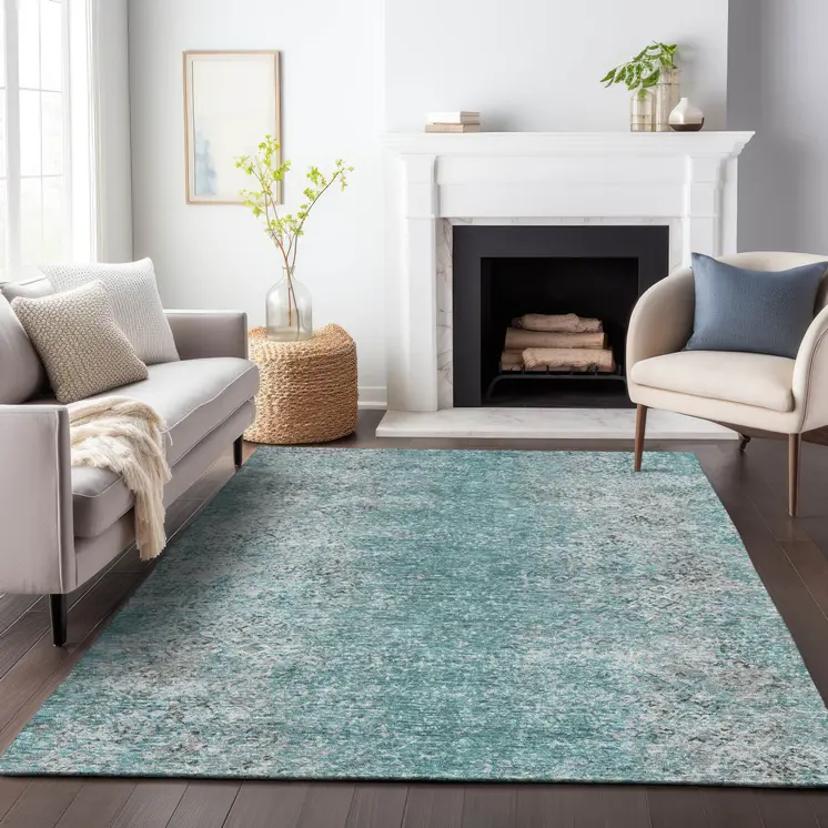 3' X 5' Teal Blue Gray And Charcoal Oriental Washable Indoor Outdoor Area Rug