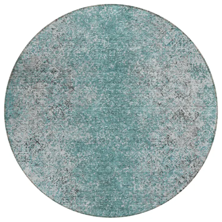 8' Teal Blue Gray And Charcoal Round Oriental Washable Indoor Outdoor Area Rug