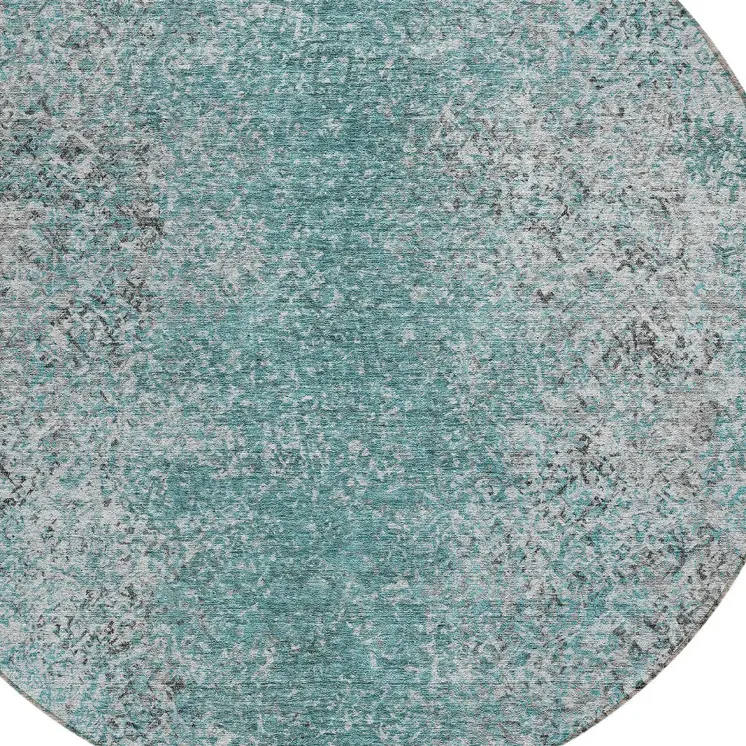 8' Teal Blue Gray And Charcoal Round Oriental Washable Indoor Outdoor Area Rug