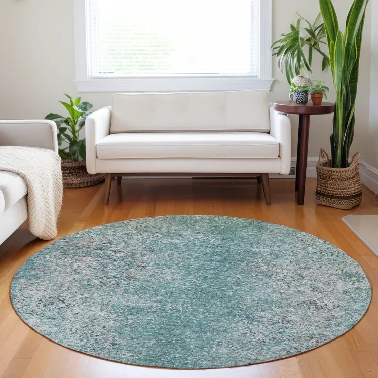 8' Teal Blue Gray And Charcoal Round Oriental Washable Indoor Outdoor Area Rug