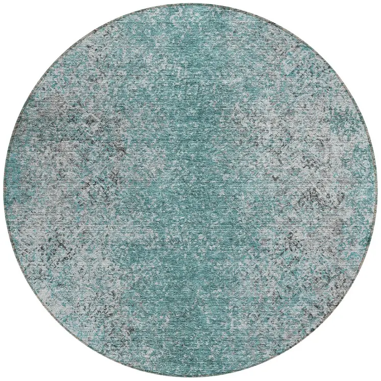 8' Teal Blue Gray And Charcoal Round Oriental Washable Indoor Outdoor Area Rug