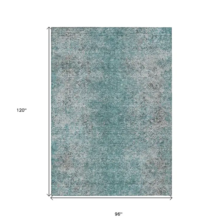 8' X 10' Teal Blue Gray And Charcoal Oriental Washable Indoor Outdoor Area Rug