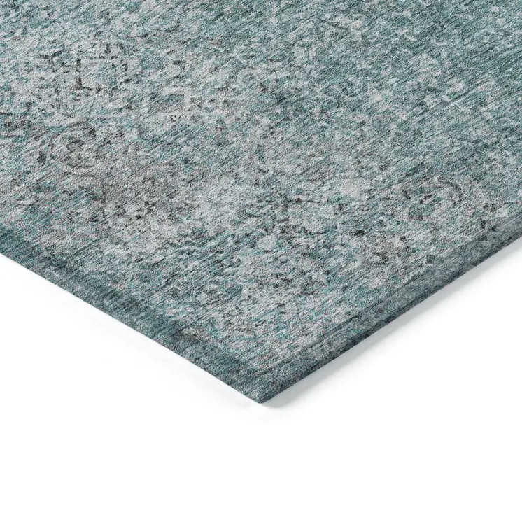 9' X 12' Teal Blue Gray And Charcoal Oriental Washable Indoor Outdoor Area Rug