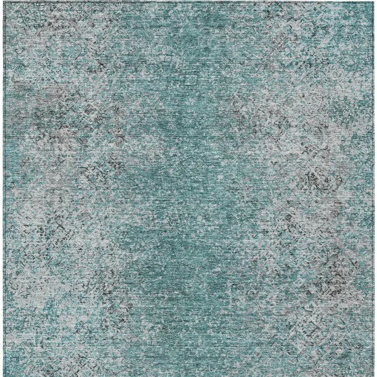 9' X 12' Teal Blue Gray And Charcoal Oriental Washable Indoor Outdoor Area Rug