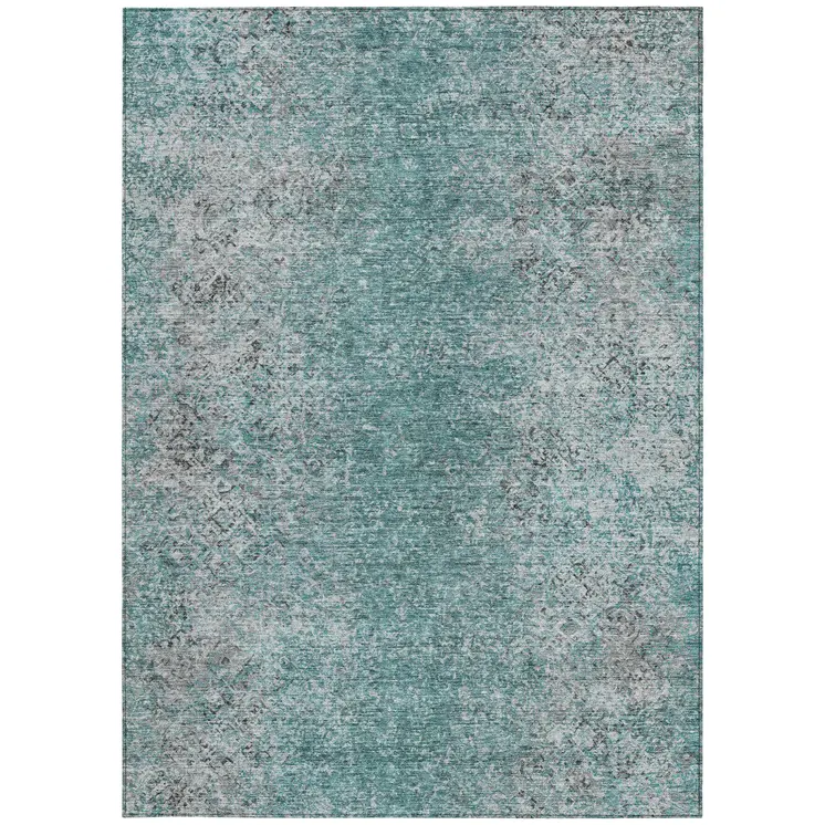 10' X 14' Teal Blue Gray And Charcoal Oriental Washable Indoor Outdoor Area Rug