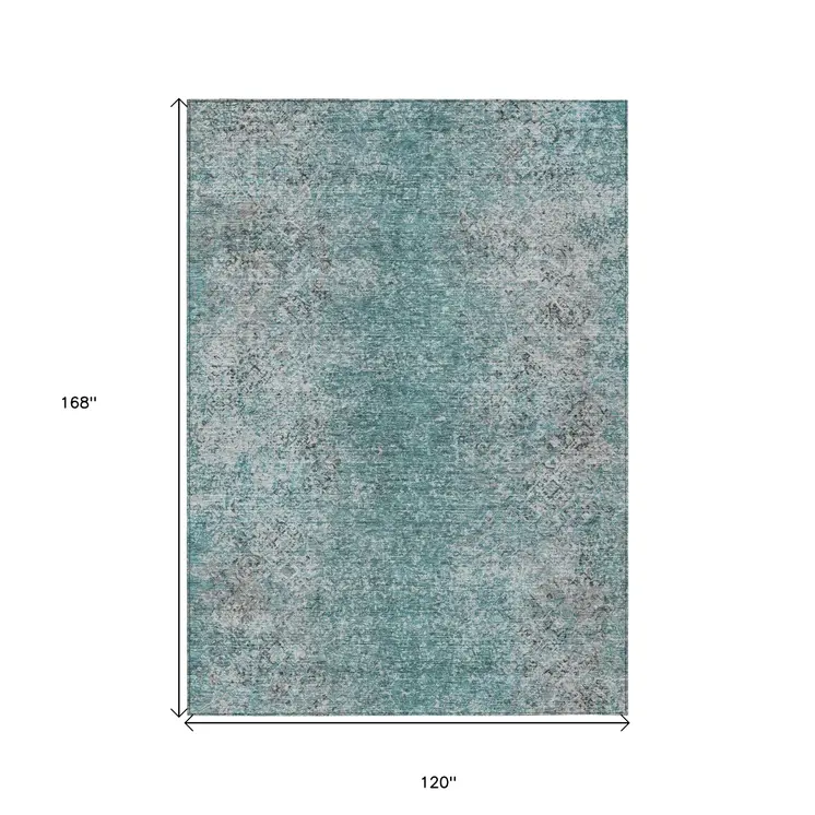 10' X 14' Teal Blue Gray And Charcoal Oriental Washable Indoor Outdoor Area Rug