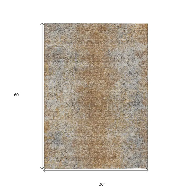3' X 5' Terra Cotta Silver And Charcoal Oriental Washable Indoor Outdoor Area Rug