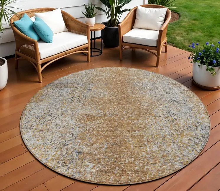 8' Terra Cotta Silver And Charcoal Round Oriental Washable Indoor Outdoor Area Rug