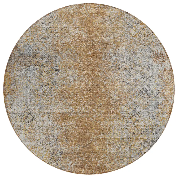 8' Terra Cotta Silver And Charcoal Round Oriental Washable Indoor Outdoor Area Rug