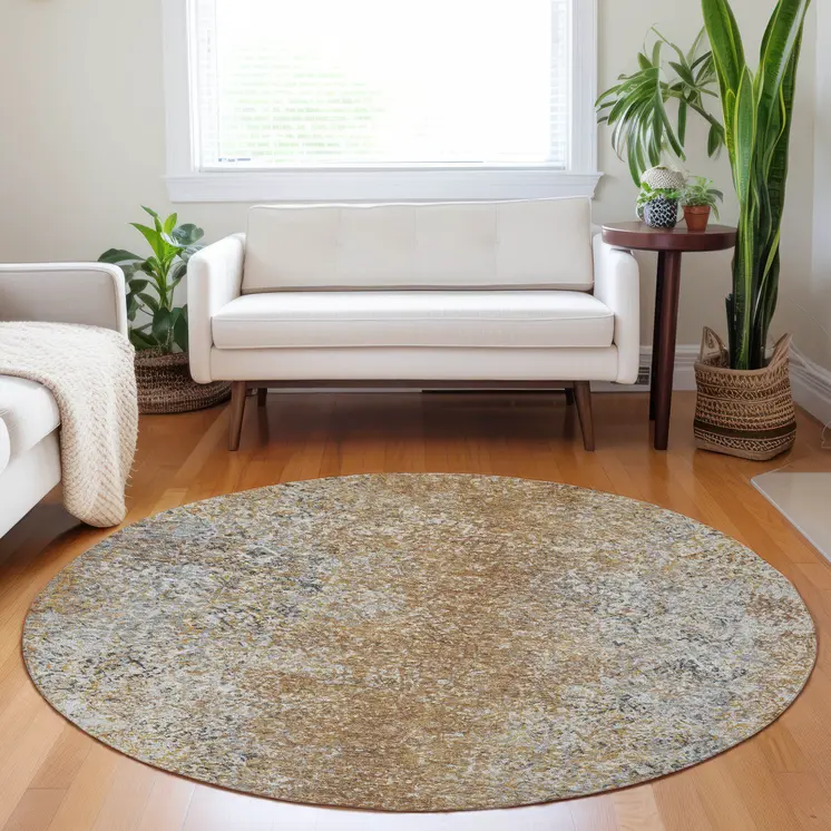 8' Terra Cotta Silver And Charcoal Round Oriental Washable Indoor Outdoor Area Rug