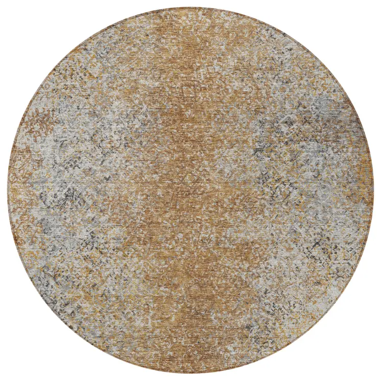 8' Terra Cotta Silver And Charcoal Round Oriental Washable Indoor Outdoor Area Rug