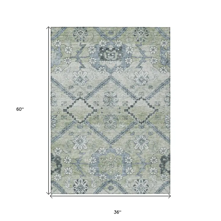 3' X 5' Artichoke Green Denim Blue And Silver Floral Washable Indoor Outdoor Area Rug