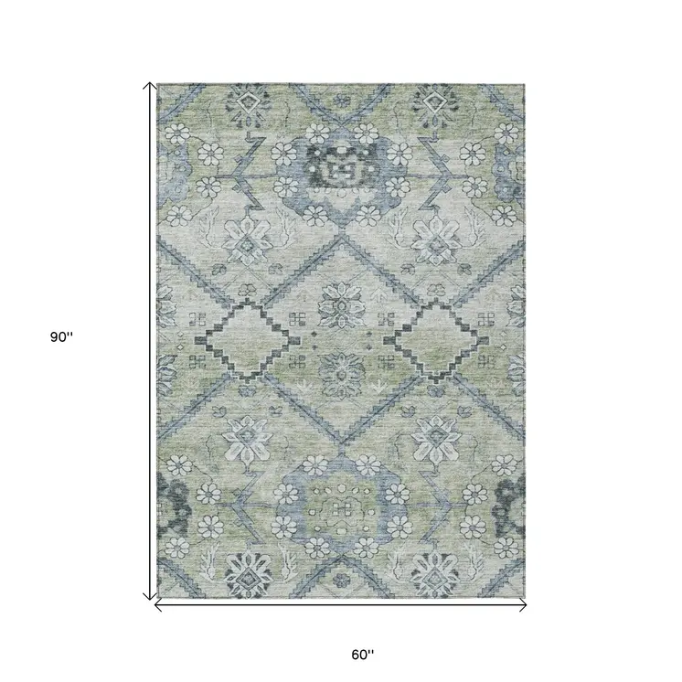 5' X 8' Artichoke Green Denim Blue And Silver Floral Washable Indoor Outdoor Area Rug