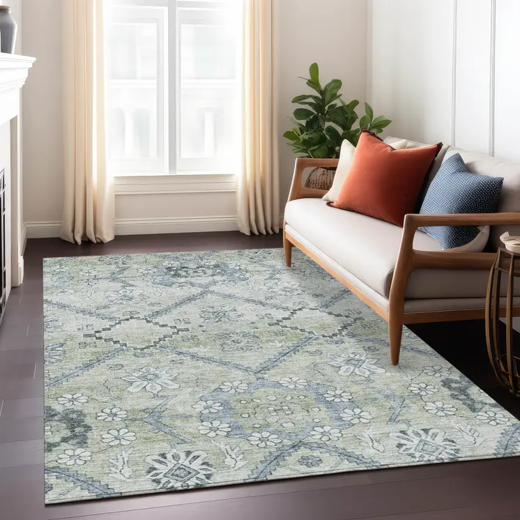 5' X 8' Artichoke Green Denim Blue And Silver Floral Washable Indoor Outdoor Area Rug