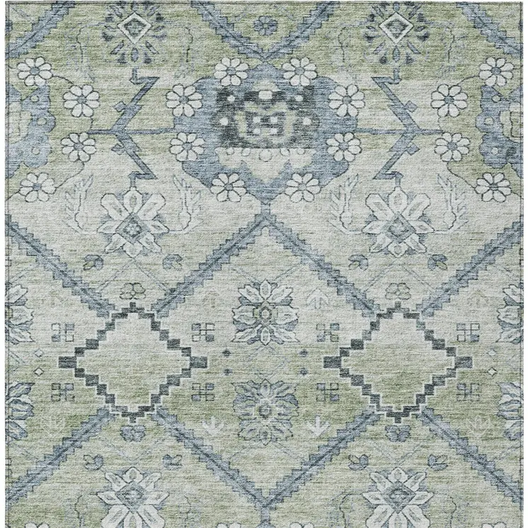 8' X 10' Artichoke Green Denim Blue And Silver Floral Washable Indoor Outdoor Area Rug