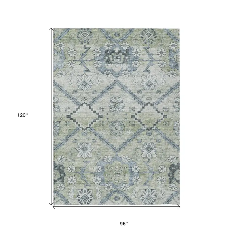 8' X 10' Artichoke Green Denim Blue And Silver Floral Washable Indoor Outdoor Area Rug