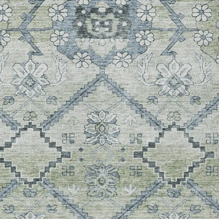 8' X 10' Artichoke Green Denim Blue And Silver Floral Washable Indoor Outdoor Area Rug