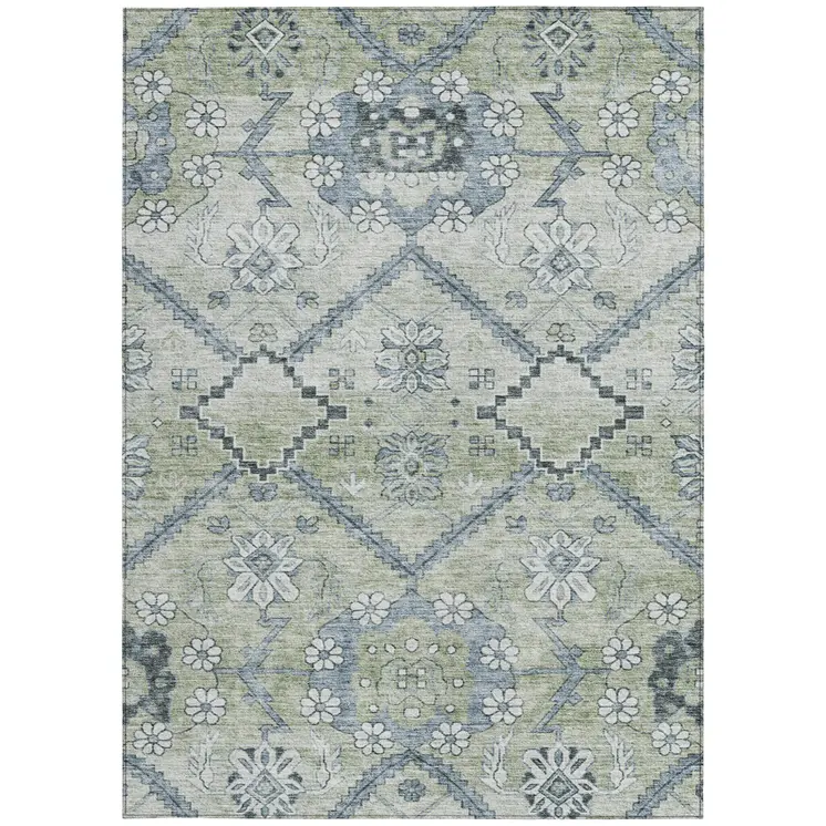 10' X 14' Artichoke Green Denim Blue And Silver Floral Washable Indoor Outdoor Area Rug