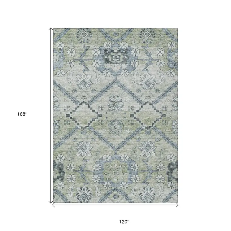 10' X 14' Artichoke Green Denim Blue And Silver Floral Washable Indoor Outdoor Area Rug