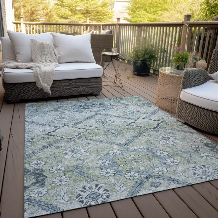 10' X 14' Artichoke Green Denim Blue And Silver Floral Washable Indoor Outdoor Area Rug