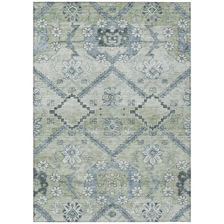 10' X 14' Artichoke Green Denim Blue And Silver Floral Washable Indoor Outdoor Area Rug