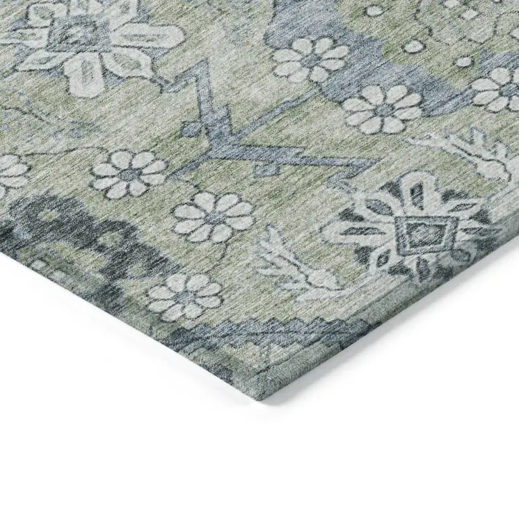 10' X 14' Artichoke Green Denim Blue And Silver Floral Washable Indoor Outdoor Area Rug