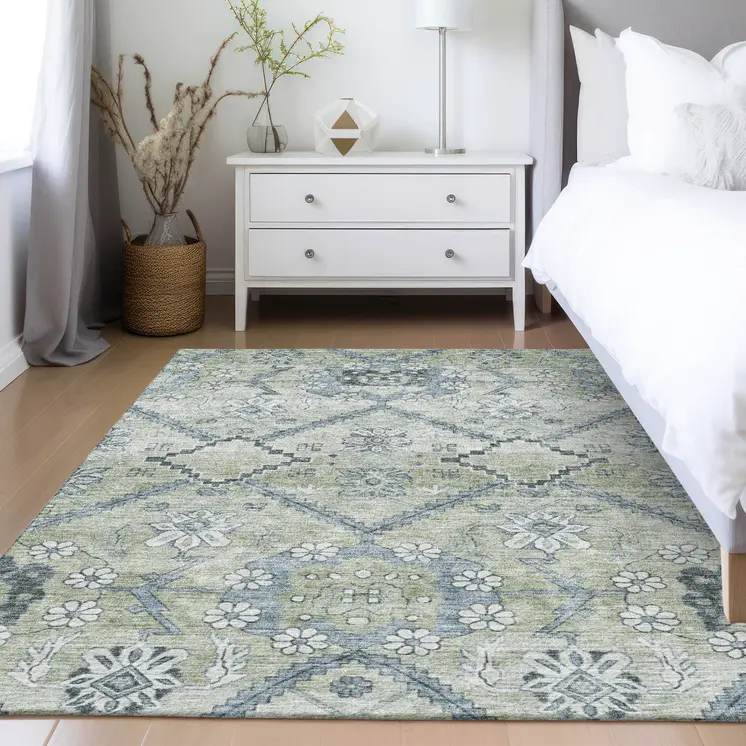 10' X 14' Artichoke Green Denim Blue And Silver Floral Washable Indoor Outdoor Area Rug