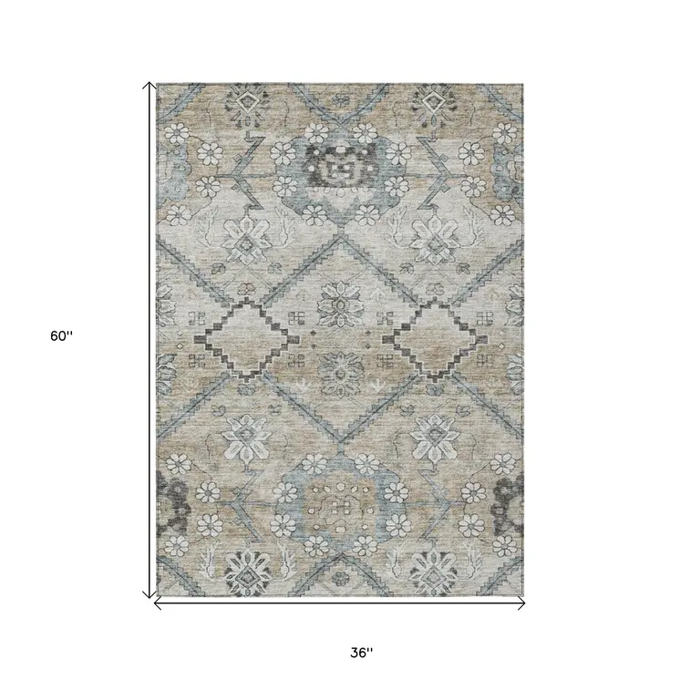 3' X 5' Beige Taupe And Tan Floral Washable Indoor Outdoor Area Rug