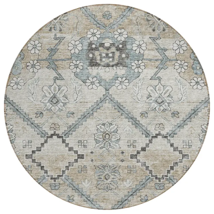 8' Beige Taupe And Tan Round Floral Washable Indoor Outdoor Area Rug