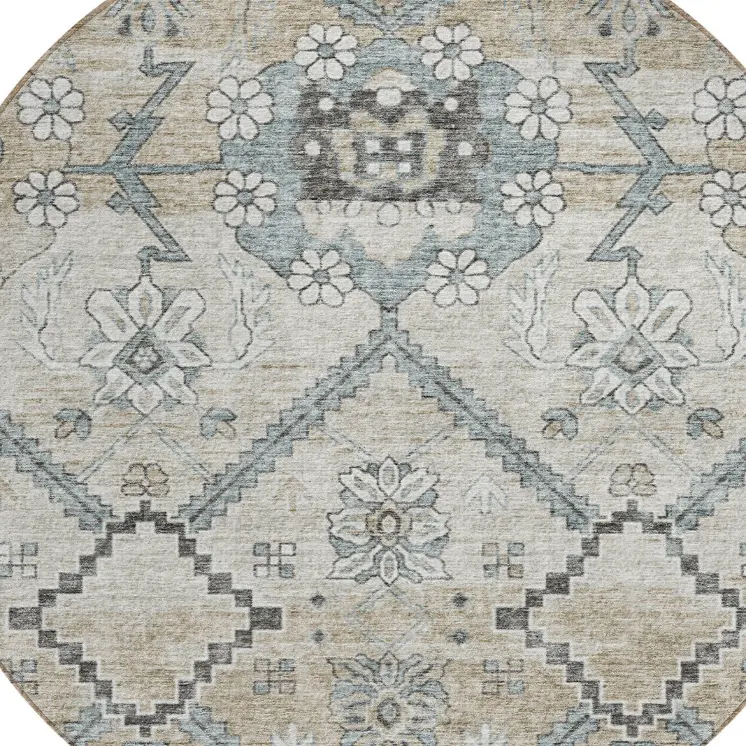 8' Beige Taupe And Tan Round Floral Washable Indoor Outdoor Area Rug