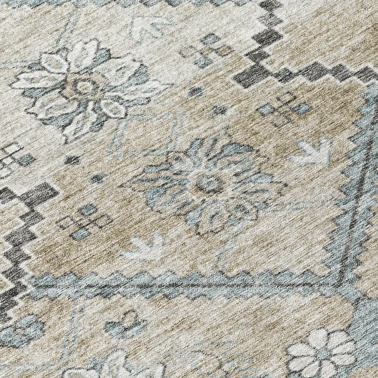 8' Beige Taupe And Tan Round Floral Washable Indoor Outdoor Area Rug