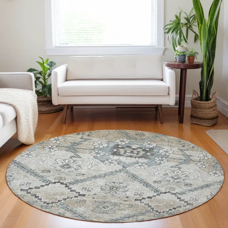 8' Beige Taupe And Tan Round Floral Washable Indoor Outdoor Area Rug