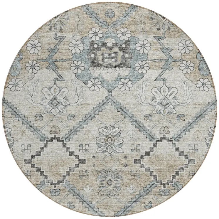 8' Beige Taupe And Tan Round Floral Washable Indoor Outdoor Area Rug