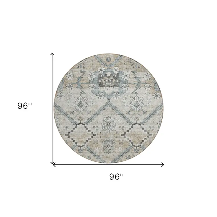 8' Beige Taupe And Tan Round Floral Washable Indoor Outdoor Area Rug