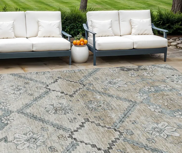 8' X 10' Beige Taupe And Tan Floral Washable Indoor Outdoor Area Rug