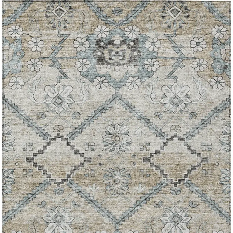 9' X 12' Beige Taupe And Tan Floral Washable Indoor Outdoor Area Rug
