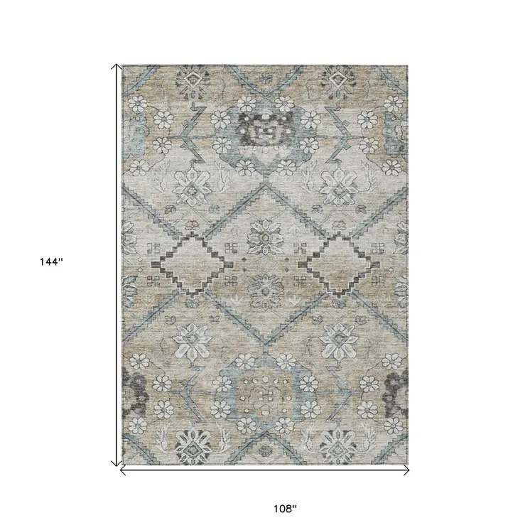 9' X 12' Beige Taupe And Tan Floral Washable Indoor Outdoor Area Rug