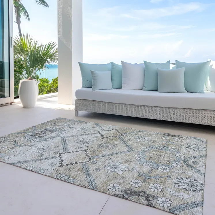 9' X 12' Beige Taupe And Tan Floral Washable Indoor Outdoor Area Rug