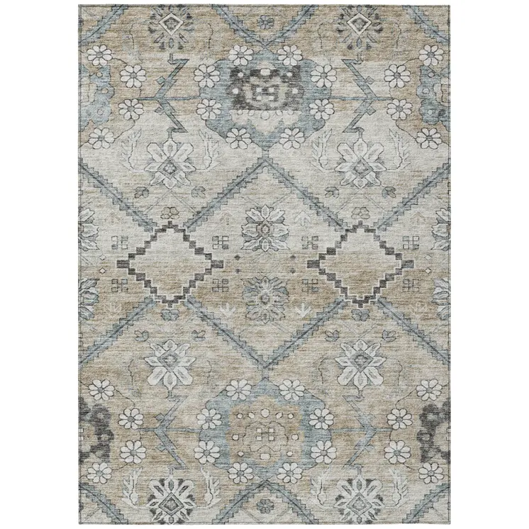 9' X 12' Beige Taupe And Tan Floral Washable Indoor Outdoor Area Rug