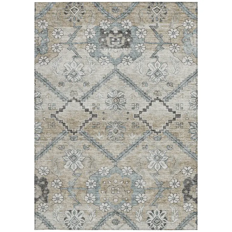 10' X 14' Beige Taupe And Tan Floral Washable Indoor Outdoor Area Rug