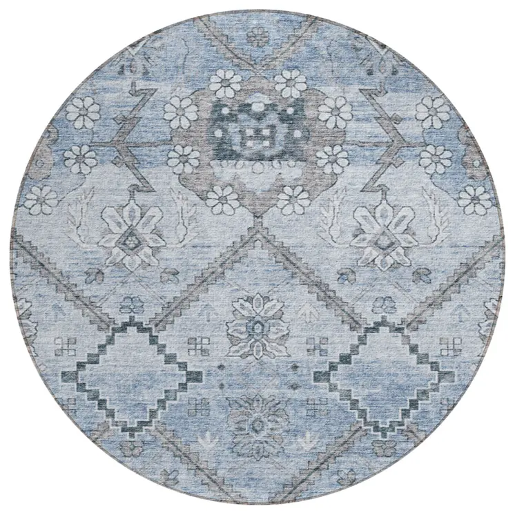 8' Sky Blue And Denim Blue Round Floral Washable Indoor Outdoor Area Rug