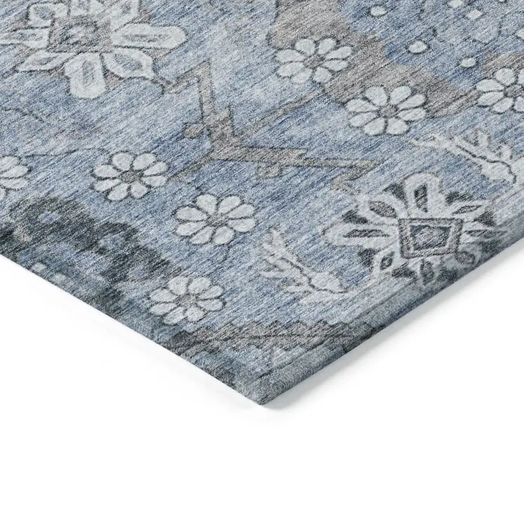 8' Sky Blue And Denim Blue Round Floral Washable Indoor Outdoor Area Rug