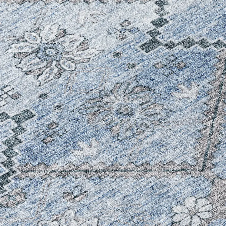 8' Sky Blue And Denim Blue Round Floral Washable Indoor Outdoor Area Rug