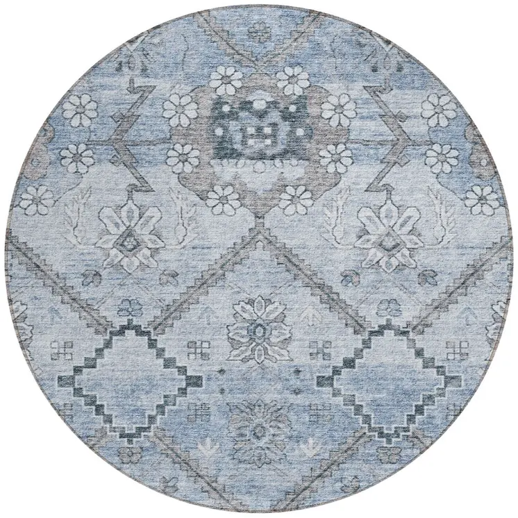 8' Sky Blue And Denim Blue Round Floral Washable Indoor Outdoor Area Rug