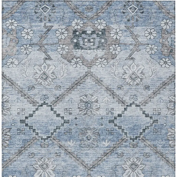 8' X 10' Sky Blue And Denim Blue Floral Washable Indoor Outdoor Area Rug