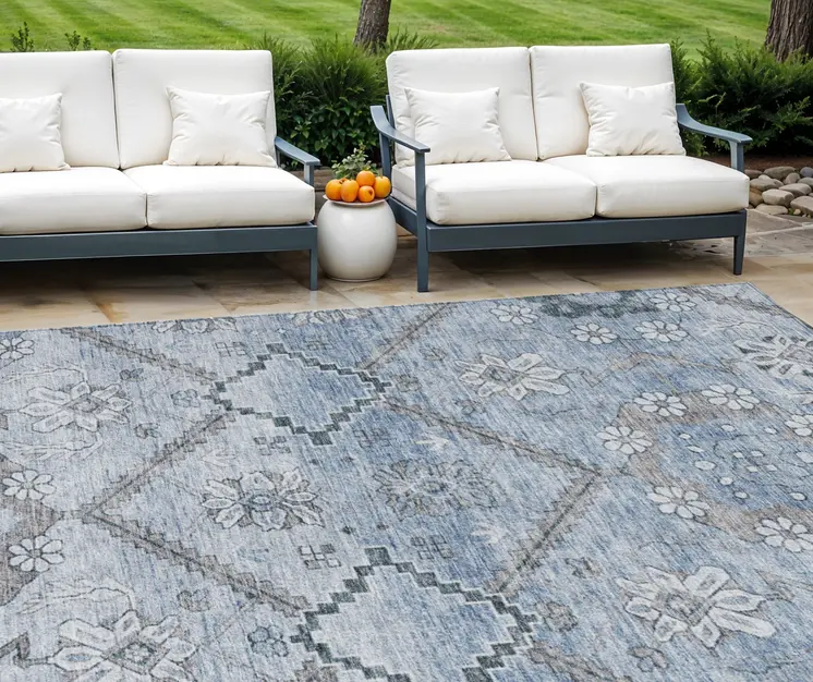 8' X 10' Sky Blue And Denim Blue Floral Washable Indoor Outdoor Area Rug