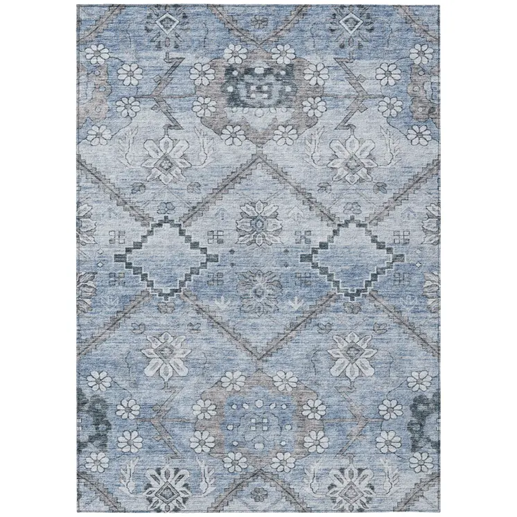 8' X 10' Sky Blue And Denim Blue Floral Washable Indoor Outdoor Area Rug